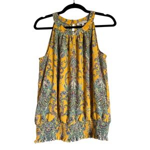 Summer Colorful Lightweight Rose + Olive Yellow Paisley Top Smocked Hem M